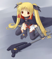 Rule 34 | 00s, 1girl, arm support, bardiche (assault form) (nanoha), bardiche (nanoha), blonde hair, fate testarossa, fate testarossa (lightning form), gloves, hair ribbon, kneeling, long hair, looking at viewer, looking up, lyrical nanoha, mahou shoujo lyrical nanoha, mahou shoujo lyrical nanoha a&#039;s, miniskirt, red eyes, ribbon, skirt, solo, staff, thighhighs, twintails, very long hair, zettai ryouiki