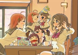 Rule 34 | 10s, 3girls, ahoge, blue eyes, blush, blush stickers, bow, bowtie, brown hair, buttons, cake, chair, character doll, closed eyes, clover hair ornament, coelacanth, cup, dated, double-breasted, drooling, fish, food, hair ornament, hairclip, half-closed eyes, hand puppet, hat, head rest, kiss, komesodo, leaning forward, long sleeves, love live!, love live! sunshine!!, multiple girls, open mouth, orange hair, party hat, pleated skirt, puppet, red bow, red bowtie, red hair, sakurauchi riko, school uniform, serafuku, signature, sitting, skirt, smile, stuffed animal, stuffed toy, sweatdrop, table, takami chika, teacup, watanabe you, window, yellow eyes, yuri