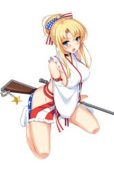 Rule 34 | 1girl, bare shoulders, blonde hair, blue eyes, blush, bow, breasts, character request, collarbone, cygnus (cygnus7), earrings, full body, gang of heaven, gun, hair bow, hair ornament, japanese clothes, jewelry, kneeling, large breasts, long hair, looking at viewer, nontraditional miko, open mouth, ponytail, rifle, skirt, sleeveless, solo, tabi, transparent background, weapon, white legwear, wide sleeves