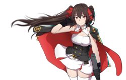 Rule 34 | 1girl, arm up, assault rifle, bare arms, belt, belt pouch, black gloves, blurry, breasts, brown eyes, brown hair, buckle, bullpup, cape, cleavage, closed mouth, collarbone, corset, cowboy shot, girls&#039; frontline, gloves, gun, hair between eyes, hair ribbon, hand in own hair, holding, holding gun, holding weapon, long hair, looking at viewer, matching hair/eyes, necktie, pouch, qbz-97, red necktie, red ribbon, ribbon, rifle, simple background, skirt, smile, solo, thighhighs, twintails, type 97 (girls&#039; frontline), very long hair, weapon, white background, white skirt, white thighhighs, wind, xiujia yihuizi, zettai ryouiki