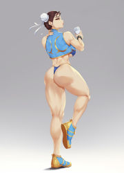 Rule 34 | 1girl, ass, bikini, blueorca, bracelet, breasts, brown eyes, brown hair, bun cover, capcom, chun-li, coffee cup, cup, disposable cup, double bun, hair bun, highres, jewelry, large breasts, muscular, muscular female, no pants, shoes, solo, street fighter, string bikini, striped, swimsuit, thick thighs, thighs, thong bikini