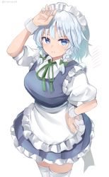 Rule 34 | 1girl, apron, arm up, back bow, blue dress, blue eyes, blush, bow, bowtie, braid, breasts, closed mouth, collared shirt, commentary request, dress, frills, green bow, green bowtie, grey bow, grey hair, hair between eyes, hair bow, hand on own hip, hand on own head, hand up, highres, izayoi sakuya, large breasts, looking to the side, maid, maid headdress, puffy short sleeves, puffy sleeves, ramudia (lamyun), shirt, short hair, short sleeves, simple background, solo, standing, thighhighs, touhou, twin braids, white apron, white shirt, white thighhighs, wrist cuffs