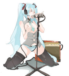 Rule 34 | 1girl, amplifier, blue hair, breasts, closed eyes, collar, fellatio, female masturbation, grabbing, grabbing another&#039;s breast, hatsune miku, highres, licking, long hair, masturbation, microphone, microphone stand, necktie, nipples, open clothes, open shirt, oral, panties, penis, saliva, sexually suggestive, shirt, simulated fellatio, small breasts, solo, striped clothes, striped panties, tansuke, thighhighs, tongue, twintails, underwear, vocaloid
