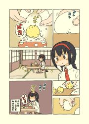 Rule 34 | 1girl, animal, bird, black hair, black socks, bow, bowl, braid, brown eyes, brown skirt, chick, collared shirt, comic, commentary request, cracked egg, egg, eggshell, fingernails, food, hair bow, hairband, highres, holding, holding food, long hair, low twintails, necktie, no shoes, original, pleated skirt, red bow, red hairband, red necktie, rice, rice bowl, shirt, sitting, skirt, socks, soy sauce, translated, twin braids, twintails, wariza, white shirt, yukimoto shuuji (gurigura)