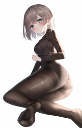 1girl ass bad_id bad_pixiv_id black_panties black_sweater blue_eyes blush breasts brown_hair brown_pantyhose feet fine_fabric_emphasis from_behind highres hinaki_(hinaki_0102) long_sleeves looking_at_viewer looking_back medium_breasts no_shoes original panties panties_under_pantyhose pantyhose parted_lips revision ribbed_sweater short_hair simple_background sitting solo sweater thighband_pantyhose thighs underwear white_background yokozuwari