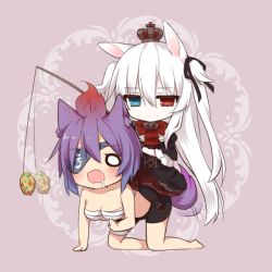 Rule 34 | 2girls, all fours, animal ears, bait, bandages, bow, chibi, crown, dog ears, dog tail, drooling, eyepatch, fishing rod, hair bow, hair ribbon, hamster ears, heterochromia, holding, jitome, long hair, mini crown, multiple girls, navel, open mouth, original, purple hair, ribbon, riding, sarashi, short hair, tail, tail wagging, tsukikage nemu, two side up, white hair