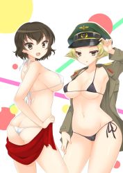 Rule 34 | 2girls, :o, adjusting clothes, adjusting headwear, ass, back, bikini, bikini top only, black bikini, blonde hair, breasts, brown eyes, brown hair, brown jacket, butt crack, caesar (girls und panzer), commentary request, erwin (girls und panzer), from behind, girls und panzer, goggles, goggles on headwear, green headwear, hat, highres, jacket, looking at viewer, looking back, medium breasts, military hat, military jacket, multiple girls, navel, open clothes, open jacket, open mouth, parted lips, peaked cap, pointy hair, red scarf, ryochapu, scarf, short hair, smile, standing, string bikini, swimsuit, thighs, white bikini