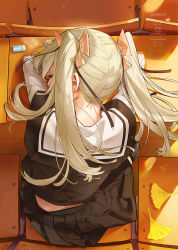 Rule 34 | 1girl, black shirt, black skirt, blonde hair, chair, commentary request, cover, cover page, dan evan, desk, eraser, closed eyes, from above, long hair, long sleeves, original, pleated skirt, sailor collar, school uniform, serafuku, shirt, sitting, skirt, solo, twintails, white sailor collar