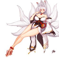 Rule 34 | 1girl, 3gs, absurdres, ahoge, albino, animal ears, anklet, ara haan, ara haan (celestial fox), bare legs, barefoot, bell, black gloves, breasts, cleavage, closed mouth, detached sleeves, elsword, facial mark, fox ears, fox tail, full body, gloves, highres, huge breasts, jewelry, legs, long hair, looking at viewer, multiple tails, partially fingerless gloves, pelvic curtain, red eyes, shakti (elsword), shakti (elsword), signature, simple background, solo, tail, thighs, white background, white hair