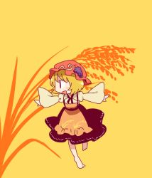 Rule 34 | 1girl, aki minoriko, barefoot, blonde hair, chibi, food, fruit, grapes, hat, open mouth, outstretched arms, red eyes, simple background, solo, touhou, wide sleeves, yamabuki (yusuraume), yellow background