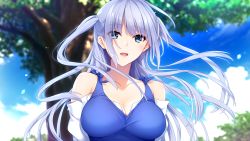 Rule 34 | 1girl, bare shoulders, blue eyes, blurry, blurry background, blush, breasts, cleavage, cloud, day, depth of field, female focus, floating hair, game cg, gradient hair, hair over one eye, happy, hibiki works, highres, iizuki tasuku, large breasts, light blush, light purple hair, long hair, looking at viewer, multicolored hair, off-shoulder shirt, off shoulder, open mouth, original, outdoors, purple hair, shirt, sky, smile, solo, suiren to shion, tied shirt, tree, two side up, upper body, wakami shion, wind