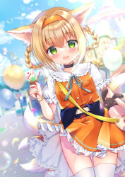 Rule 34 | 1girl, alternate costume, amusement park, animal ears, arknights, balloon, blonde hair, blue sky, blurry, blurry background, blush, bottle, bow, bowtie, braid, breast pocket, casual, choker, cloud, dress, feet out of frame, food, fox ears, fox girl, fox tail, green eyes, hairband, highres, holding, holding food, ice cream, kitsune, looking at viewer, miwa uni, multiple tails, open mouth, orange dress, orange hairband, outdoors, panties, panty peek, pinafore dress, pocket, puffy short sleeves, puffy sleeves, rabbit, shirt, short sleeves, sky, sleeveless, sleeveless dress, solo, suzuran (arknights), suzuran (let&#039;s carnival!) (arknights), tail, thighhighs, twin braids, underwear, white shirt, white thighhighs, wind, wind lift