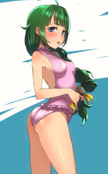Rule 34 | 10s, 1girl, ass, bad id, bad pixiv id, blue eyes, braid, breasts, casual one-piece swimsuit, covered erect nipples, green hair, highres, kantai collection, kyuuso inukami, long hair, medium breasts, mole, mole under mouth, one-piece swimsuit, single braid, swimsuit, tongue, tongue out, yuugumo (kancolle)