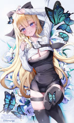 Rule 34 | 1girl, absurdres, arm up, black dress, black necktie, black thighhighs, blonde hair, blush, bow, breasts, bug, butterfly, butterfly on head, butterfly on knee, cleavage, collared shirt, commission, cropped shirt, dress, earrings, english text, flower, glint, grin, hair bow, hand on own head, hand up, highres, insect, jewelry, knee up, large breasts, long hair, long sleeves, looking at viewer, loose necktie, lying, nail polish, necktie, on back, original, parted lips, playing with own hair, pparong e, purple eyes, purple nails, shirt, short dress, skindentation, smile, solo, sonya (schan), teeth, thigh strap, thighhighs, thighs, twitter username, very long hair, white flower