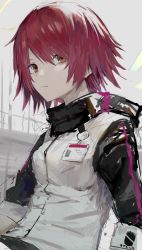 Rule 34 | 1girl, angel, arknights, detached wings, energy wings, exusiai (arknights), grey background, hair over one eye, halo, highres, id card, jacket, looking at viewer, penguin logistics logo, red eyes, red hair, short hair, solo, upper body, white jacket, wings, yu-hi