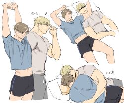 Rule 34 | 2boys, bara, bed, black shorts, blonde hair, blue shirt, brown hair, closed eyes, couple, curtained hair, grey pants, grey shirt, jack krauser, large pectorals, leon s. kennedy, lying, male focus, messy hair, multiple boys, multiple views, muscular, muscular male, navel, on bed, on side, pants, pectorals, pillow, resident evil, resident evil: the darkside chronicles, resident evil 4, resident evil 4 (remake), shirt, short hair, shorts, sleeping, smile, tatsumi (psmhbpiuczn), yaoi