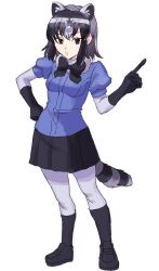 Rule 34 | 1girl, animal ears, black bow, black bowtie, black footwear, black skirt, blue sweater, bow, bowtie, commentary request, common raccoon (kemono friends), elbow gloves, extra ears, full body, fur collar, gloves, grey eyes, grey gloves, grey hair, grey pantyhose, grey socks, highres, houkokukokui, kemono friends, loafers, multicolored hair, pantyhose, pleated skirt, pointing, puffy short sleeves, puffy sleeves, raccoon ears, raccoon girl, raccoon tail, shoes, short hair, short sleeves, sidelocks, skirt, socks, solo, sweater, tail, two-tone gloves, white fur