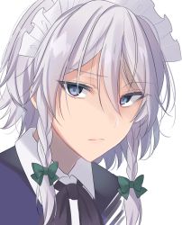 Rule 34 | 1girl, asa (coco), black bow, black bowtie, blue eyes, blue vest, bow, bowtie, braid, commentary request, green bow, hair between eyes, hair bow, izayoi sakuya, looking at viewer, maid, maid headdress, portrait, shirt, short hair, silver hair, simple background, solo, touhou, twin braids, vest, white background, white shirt