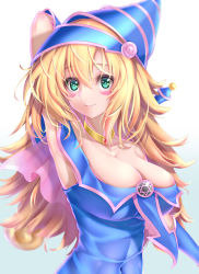 Rule 34 | 1girl, absurdres, aqua eyes, arm behind back, arm up, armpits, bare shoulders, blonde hair, blue background, blue dress, blue hat, blush, bracer, breasts, cleavage, closed mouth, collar, collarbone, commentary request, covered navel, dark magician girl, dress, facial mark, gradient background, hat, hexagram, highres, kamehito, large breasts, long hair, looking at viewer, sleeveless, sleeveless dress, smile, solo, wizard hat, yu-gi-oh!