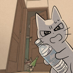 animal animal_focus black_eyes blurry blurry_background bottle cat door dot_nose holding holding_bottle indoors looking_at_viewer mojacookie no_humans open_door open_mouth plastic_bottle sake_bottle shikaru_neko sweatdrop water_bottle wavy_eyes whiskers