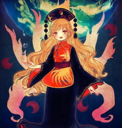 Rule 34 | 1girl, black dress, blush, chinese clothes, dress, fox tail, hat, junko (touhou), long hair, long sleeves, multiple tails, open mouth, orange hair, red eyes, sash, smile, solo, tabard, tail, touhou, wide sleeves, yujup