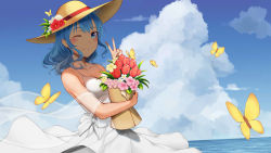 Rule 34 | 1girl, blue eyes, blue hair, blush, breasts, bug, butterfly, carolrin, cleavage, collarbone, commentary, day, dress, flower, hair down, hat, highres, hololive, hoshimachi suisei, insect, long hair, looking at viewer, medium breasts, one eye closed, outdoors, pink flower, red flower, solo, straw hat, sun hat, v, virtual youtuber, white dress, white flower, yellow flower