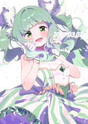 Rule 34 | 1girl, bare arms, blunt bangs, breasts, buttons, collared dress, confetti, contrapposto, dated, dot nose, dress, frilled dress, frilled ribbon, frills, fringe trim, futaba sana, gem, gloves, gold trim, green eyes, green gemstone, green hair, hair ribbon, half-closed eyes, hands up, happy, highres, holding own hair, light blush, looking at viewer, magia record: mahou shoujo madoka magica gaiden, mahou shoujo madoka magica, open mouth, paru rari, ribbon, sidelocks, simple background, sleeveless, sleeveless dress, small breasts, solo, striped clothes, striped dress, twintails, twitter username, two-tone dress, underbust, upper body, vertical-striped clothes, vertical-striped dress, wavy hair, white background, white gloves, white ribbon