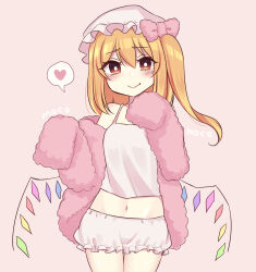 Rule 34 | 1girl, alternate costume, blonde hair, bow, bright pupils, closed mouth, coat, commentary request, cowboy shot, crystal, fang, fang out, flandre scarlet, fur coat, hat, hat bow, heart, highres, looking at viewer, medium hair, mob cap, navel, one side up, pink background, pink bow, pink coat, rainbow order, red eyes, shirt, simple background, sleeveless, sleeveless shirt, smile, solo, spoken heart, standing, subaru (subachoco), touhou, white hat, white pupils, white shirt, wings