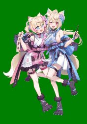Rule 34 | 2girls, absurdres, animal ear fluff, animal ears, asymmetrical clothes, belt, belt buckle, blonde hair, blue belt, blue eyes, blue hair, breasts, buckle, calligraphy brush, crossed bangs, curry bowl, detached sleeves, dog ears, dog girl, dog tail, flower, frilled kimono, frills, fuwawa abyssgard, fuwawa abyssgard (new year), green background, hair between eyes, hair flower, hair ornament, highres, holding, holding calligraphy brush, holding paintbrush, holding paper, hololive, hololive english, japanese clothes, kimono, large breasts, long hair, looking at viewer, mococo abyssgard, mococo abyssgard (new year), multicolored hair, multiple girls, official alternate costume, official alternate hairstyle, one eye closed, paper, paw shoes, pink belt, pink eyes, pink hair, pink kimono, ponytail, short twintails, siblings, sideboob, sideless kimono, simple background, sisters, sleeveless, standing, standing on one leg, streaked hair, tail, thigh strap, twins, twintails, virtual youtuber, white kimono