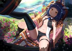 Rule 34 | 1girl, bare arms, bare shoulders, black shorts, black thighhighs, blue hair, blush, breasts, brown eyes, collarbone, commentary request, day, double bun, feet out of frame, floral print, food in mouth, france, hair bun, hammock, highres, horns, leg up, lying, mouth hold, multicolored hair, navel, on back, original, outdoors, plaid, print thighhighs, river, short eyebrows, short shorts, shorts, single thighhigh, small breasts, solo, streaked hair, templus, thick eyebrows, thighhighs, tree stump, water