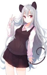 Rule 34 | 1girl, alternate hair length, alternate hairstyle, animal ears, arm at side, arm up, black skirt, blush, breasts, closed mouth, collared shirt, commentary request, contrapposto, cowboy shot, grey hair, hair between eyes, hand in own hair, highres, hyakunin momoko, long hair, long sleeves, looking at viewer, medium breasts, miniskirt, mouse ears, mouse girl, mouse tail, nazrin, school uniform, shirt, simple background, skirt, solo, straight hair, sweater vest, tail, touhou, very long hair, white background, white shirt, wing collar