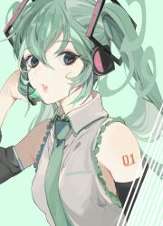 Rule 34 | 1girl, 39, arm at side, armpit crease, bare shoulders, black eyes, breasts, close-up, collared shirt, detached sleeves, expressionless, eyelashes, facing viewer, frilled shirt, frills, green background, green hair, green necktie, green theme, grey shirt, hair between eyes, hand on headset, hand up, hatsune miku, headset, highres, lips, long hair, looking afar, looking to the side, necktie, number tattoo, parted lips, ro dai, shirt, shoulder tattoo, simple background, sleeveless, sleeveless shirt, small breasts, solo, striped, tareme, tattoo, teeth, twintails, upper body, vocaloid