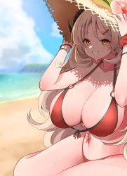 Rule 34 | 10eki (tenchou), 1girl, beach, bikini, blue archive, blush, breasts, cleavage, cloud, day, flower, grin, hair ornament, hairclip, hat, hat flower, hibiscus, highres, horns, huge breasts, izumi (blue archive), izumi (swimsuit) (blue archive), light brown hair, long hair, looking at viewer, ocean, outdoors, pink flower, red bikini, scrunchie, sitting, sky, smile, solo, straw hat, swimsuit, wet, wrist scrunchie, yellow eyes