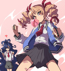 Rule 34 | 2girls, baseball bat, black skirt, blue bow, blue eyes, blue hair, blue jacket, bow, brass knuckles, brown eyes, chewing gum, clenched hands, closed mouth, collared shirt, cosplay, drill hair, hair between eyes, hair bow, highres, holding, holding baseball bat, jacket, kunio-kun series, kyoko (kunio-kun), kyoko (kunio-kun) (cosplay), light brown hair, long hair, long sleeves, misako (kunio-kun), misako (kunio-kun) (cosplay), multiple girls, necktie, open clothes, open jacket, pleated skirt, red necktie, revision, river city girls, shirt, siblings, sisters, skirt, syope, touhou, twin drills, twintails, weapon, white shirt, yorigami jo&#039;on, yorigami shion