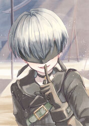 Rule 34 | 1boy, 9s (nier:automata), black blindfold, black choker, black gloves, blindfold, blurry, blurry background, child, choker, commentary request, covered eyes, facing viewer, finger to mouth, gloves, highres, male focus, meru lotte, nier:automata, nier (series), open mouth, short hair, shushing, smile, solo, white hair