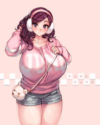 Rule 34 | 1girl, artist name, bag, bear, beryl (junkpuyo), blush, breasts, brown eyes, brown hair, collarbone, commentary, denim, denim shorts, earmuffs, female focus, highres, hip focus, huge breasts, jewelry, junkpuyo, light smile, long sleeves, looking at viewer, original, pink background, ring, short shorts, shorts, simple background, smile, solo, sweater, thick thighs, thighs