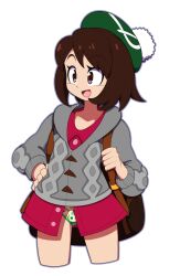 Rule 34 | 1girl, backpack, bag, brown eyes, brown hair, bulbasaur, character print, chikorita, clenched hand, collarbone, creatures (company), dress, euf-dreamer, eyelashes, female focus, flat chest, game freak, gen 1 pokemon, gen 2 pokemon, gen 3 pokemon, gen 4 pokemon, gloria (pokemon), green headwear, grey jacket, hand on own hip, happy, highres, jacket, legs, long sleeves, looking at viewer, matching hair/eyes, medium hair, neck, nintendo, open clothes, open dress, open mouth, panties, pink dress, pokemon, pokemon print, pokemon swsh, pom pom (clothes), print panties, shiny skin, sidelocks, simple background, smile, standing, swept bangs, tam o&#039; shanter, thighs, treecko, turtwig, underwear, wardrobe malfunction, white background