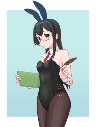 Rule 34 | 1girl, alternate costume, animal ears, black hair, black leotard, black pantyhose, clipboard, cowboy shot, detached collar, geometrie, glasses, green eyes, highres, kantai collection, leotard, long hair, necktie, ooyodo (kancolle), pantyhose, playboy bunny, quill, rabbit ears, rabbit tail, red necktie, side-tie leotard, solo, strapless, strapless leotard, tail, wrist cuffs