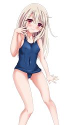 Rule 34 | 1girl, bare shoulders, blush, breasts, closed mouth, collarbone, elhddmois, fate/kaleid liner prisma illya, fate (series), full body, highres, illyasviel von einzbern, long hair, looking at viewer, navel, nipples, purple eyes, school swimsuit, simple background, smile, solo, swimsuit, thighhighs, transparent background, vaginal, white background, white hair, x-ray