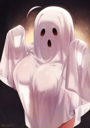 Rule 34 | 1girl, ahoge, breasts, commentary, covered erect nipples, english commentary, ghost costume, halloween, highres, iwbitu, large breasts, nyopu, original, sleeves past fingers, sleeves past wrists, solo, thighs, twitter username, white hair