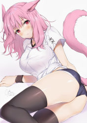 Rule 34 | 1girl, absurdres, animal ears, ass, warrior of light (ff14), black shorts, black thighhighs, breasts, cat ears, cat girl, cat tail, final fantasy, final fantasy xiv, highres, large breasts, long hair, looking at viewer, micro shorts, miqo&#039;te, panties, pink hair, red eyes, shirt, short sleeves, shorts, simple background, slit pupils, solo, sweatband, tail, tail raised, thighhighs, underwear, white background, white panties, white shirt, yana mori