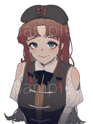 Rule 34 | 1girl, aqua eyes, braid, chinese clothes, green eyes, green headwear, green vest, highres, hong meiling, long hair, looking at viewer, parted bangs, red hair, shirt, simple background, smile, sokura (mochichitose), solo, touhou, twin braids, vest, white background, white shirt