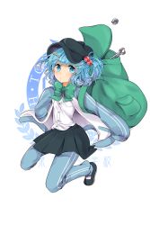 Rule 34 | 1girl, alternate costume, alternate hairstyle, backpack, bad id, bad twitter id, bag, blue eyes, blue hair, blush, bow, bowtie, full body, gym uniform, hair bobbles, hair ornament, hairclip, hat, jumping, kawashiro nitori, long sleeves, looking at viewer, matching hair/eyes, miniskirt, misha (hoongju), pants, pants under skirt, school uniform, shirt, shoes, simple background, skirt, sleeves past wrists, solo, sweater, touhou, track pants, twintails, two side up, vest, wrench