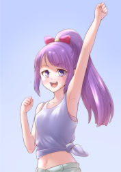 Rule 34 | 1girl, arm up, bare arms, bare shoulders, bow, bra, collarbone, commentary request, hair bow, highres, kaguya madoka, long hair, ogry ching, open mouth, pink bra, precure, purple background, purple eyes, purple hair, red bow, round teeth, shirt, shorts, simple background, solo, star twinkle precure, sweat, tank top, teeth, underwear, upper teeth only, white shirt, white shorts