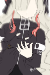 Rule 34 | 1girl, black gloves, black jacket, blurry, clutching chest, faceless, faceless female, fingerless gloves, gloves, grey hair, hair over one eye, heart attack, isekai joucho, jacket, kamitsubaki studio, long sleeves, own hands together, puffy long sleeves, puffy sleeves, red hair, rice (okome no naru ki), simple background, single glove, solo, virtual youtuber, white background