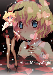 Rule 34 | 1girl, alice margatroid, animal ears, arm up, blonde hair, blue eyes, blush, bow, bowtie, character name, checkered floor, detached collar, female focus, fishnet pantyhose, fishnets, floor, hairband, heart, high heels, highres, ikamagu, ikmg, leotard, lights, pantyhose, playboy bunny, rabbit ears, shoes, short hair, solo, tile floor, tiles, touhou, wrist cuffs, zoom layer
