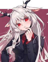 Rule 34 | 1girl, animal ears, antlers, black necktie, black suit, breasts, closed mouth, commission, flower, formal, hair flower, hair ornament, helltaker, highres, horns, long hair, long sleeves, looking at viewer, lucifer (helltaker), medium breasts, necktie, noah (tettsui-sole), red background, red eyes, red shirt, shirt, solo, suit, two-tone background, upper body, white background, white hair
