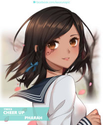 Rule 34 | 1girl, :d, black hair, blue ribbon, blue sailor collar, blurry, blurry background, braid, brown eyes, character name, dark-skinned female, dark skin, english text, facial mark, facial tattoo, from side, hair ribbon, highres, kaoruru (sakuno2911), lips, long sleeves, looking at viewer, looking to the side, open mouth, outdoors, overwatch, overwatch 1, petals, pharah (overwatch), ribbon, sailor collar, school uniform, serafuku, shirt, short hair, side braid, sleeves past wrists, smile, solo, swept bangs, tattoo, tree, upper body, watermark, web address, white shirt