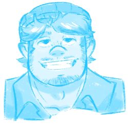 Rule 34 | adam&#039;s apple, alternate facial hair, anom (anommyself), bara, barley lightfoot, blue theme, cropped head, facial hair, fat, fat man, goatee stubble, grin, highres, long sideburns, looking ahead, male focus, mature male, monochrome, mustache stubble, onward, pointy ears, short hair, sideburns, sideburns stubble, smile, solo, stubble, thick eyebrows, ugly man