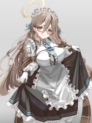 Rule 34 | 1girl, absurdres, akane (blue archive), apron, blue archive, blush, breasts, brown eyes, brown hair, dress, frills, glasses, gloves, hair between eyes, halo, highres, komakomapanic, large breasts, long hair, long sleeves, looking at viewer, maid, maid apron, maid headdress, necktie, smile, solo, very long hair